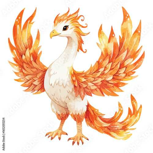 Watercolor Phoenix with Fiery Orange Plumage and Elegant White Body