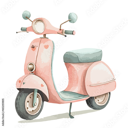Watercolor Pink Scooter with Heart Details and Teal Accents Vintage Style