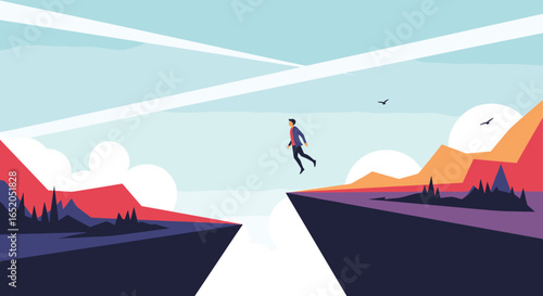 Confident businessman leaps across chasm symbolizing business growth and overcoming challenges