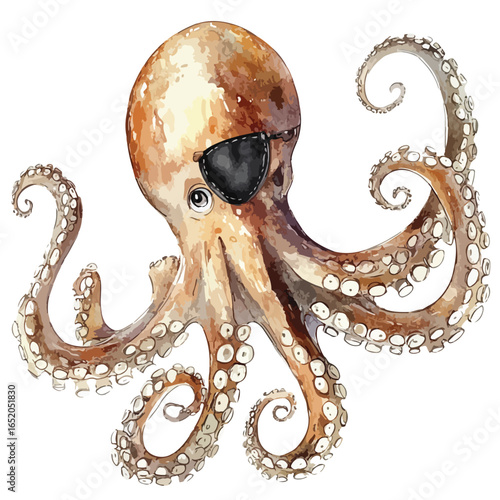 Watercolor Pirate Octopus with Black Eyepatch and Curled Tentacles
