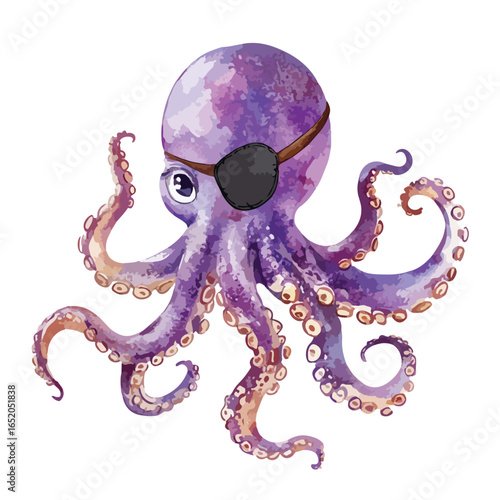 Watercolor Pirate Octopus with Eye Patch and Curving Tentacles Cartoon Style
