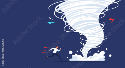 Man flees massive tornado symbolizing business challenges and crisis management