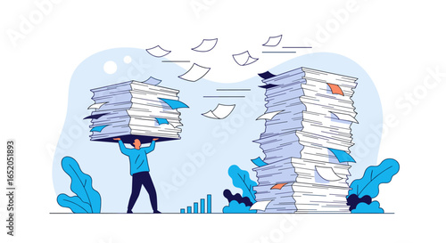 Overwhelmed by paperwork, a person struggles under a huge stack of documents in a modern office.