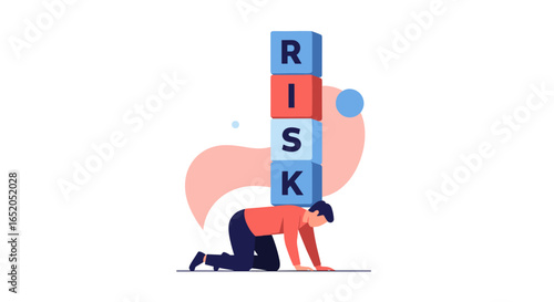 Man burdened by stacked blocks spelling RISK, symbolizing heavy responsibility or challenge