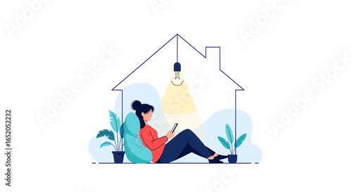 Woman relaxes indoors using her smartphone, illuminated by a hanging lightbulb within a house outline.