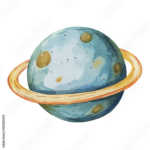 Watercolor Planet with Golden Ring and Distinctive Brownish Surface Markings