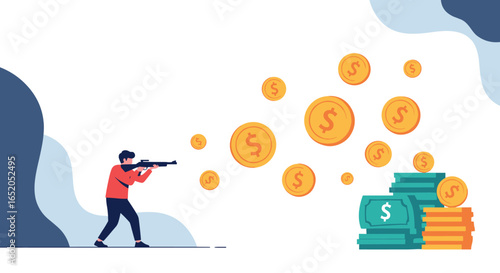 Man aims rifle at flying coins and money stacks, symbolizing financial gain or investment strategy