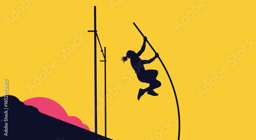 Dynamic athlete soars high, pole vaulting towards victory against a vibrant yellow sky