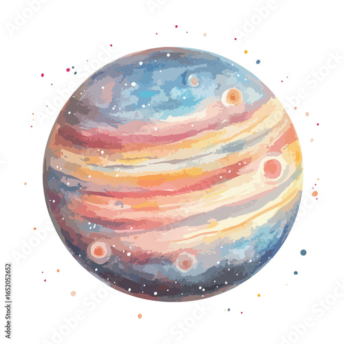 Watercolor Planet with Textured Bands and Colorful Spots Artistic Celestial Body
