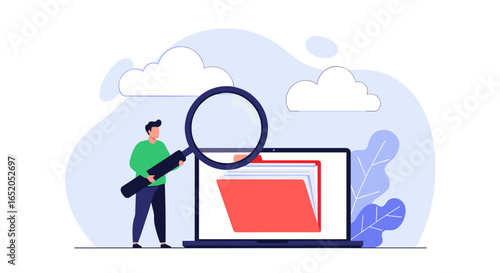 Man with magnifying glass inspects digital files on laptop, clear data search concept