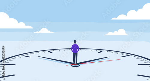 Man stands on giant clock face contemplating time and future possibilities under a clear sky