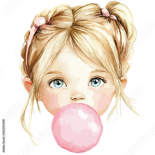 Watercolor Portrait of a Blonde Girl Blowing a Pink Bubblegum Bubble