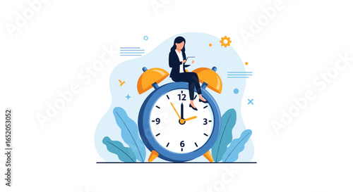 Woman using tablet while sitting on giant alarm clock, symbolizing time management and productivity.
