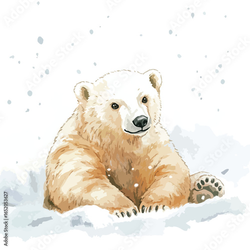 Watercolor Portrait of a Playful Polar Bear Cub in Snowfall