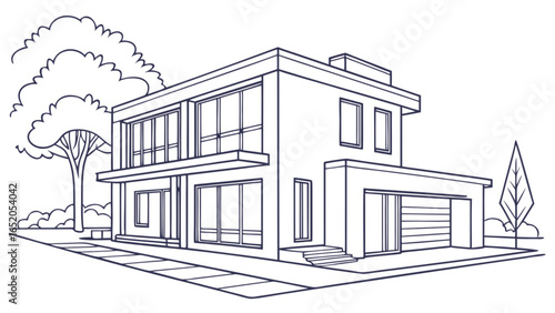 Modern house design architectural drawing with trees and garage contemporary home exterior illustration line art