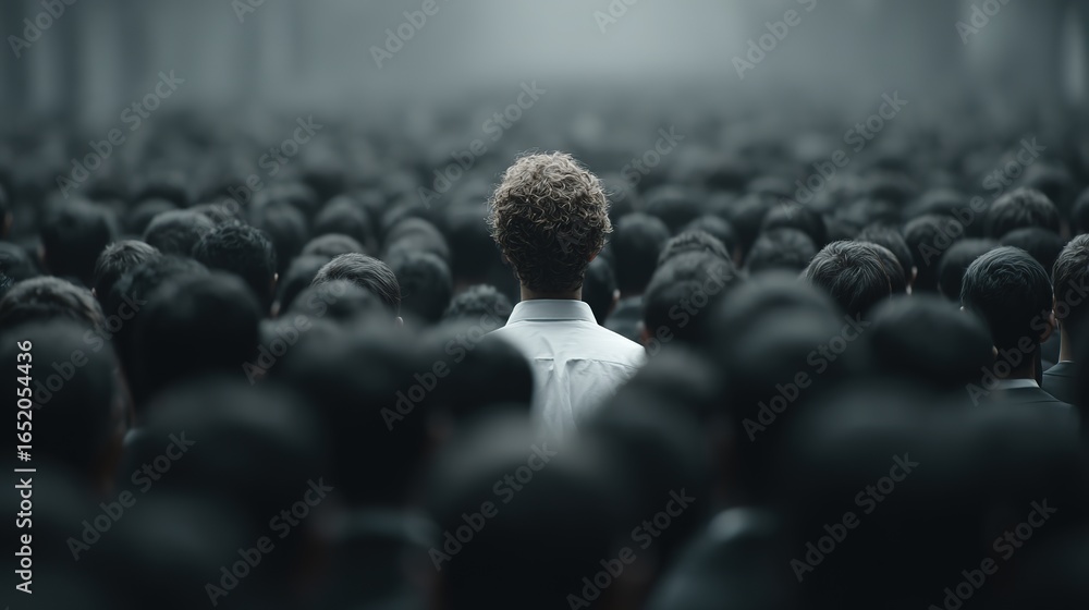 Obraz premium Man in White Shirt Standing Out in a Crowd of Black Shirts: The Chosen Concept for Job Seekers and Employees