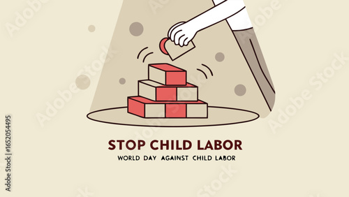 Stop Child Labor: Illustrated Vector Graphic, Minimalist Style, Hand Placing Block on Pyramid, Symbolic of Building a Better Future, World Day Against Child Labor Awareness Campaign.