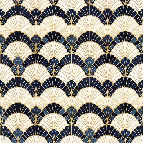 Navy cream gold scalloped art deco seamless maritime pattern