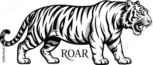 A striking black and white illustration showcases a powerful tiger in mid-stride, its mouth open in a roar, capturing the essence of wildlife and strength in a minimalist design.