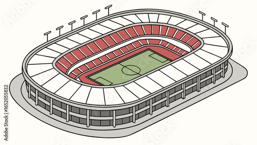 Isometric view of a soccer stadium football arena with green field and red seats for sports event venue