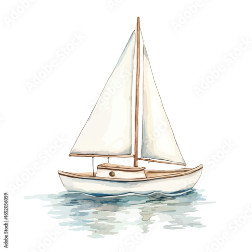 Watercolor sailboat with white sails and wooden details reflected in water