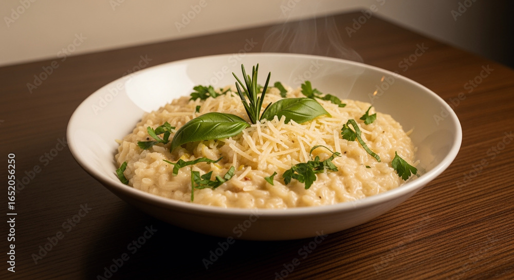 Delicious Creamy Risotto with Parmesan Cheese, Basil, and Rosemary in a White Bowl on Wooden Table - Gourmet Italian Food Photography. Delicious Creamy Risotto with Parmesan Cheese, Basil, and Rosemary in a White Bowl on Wooden Table - Gourmet Italian Food Photography.