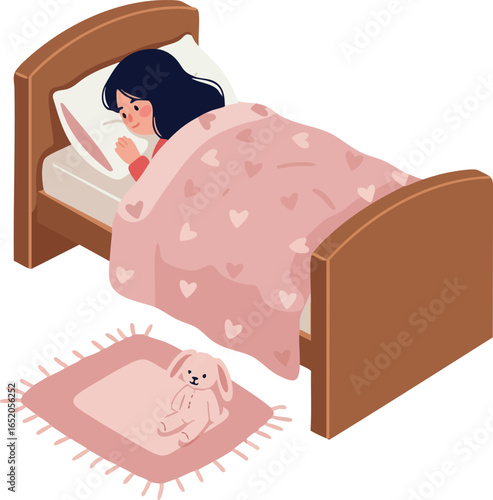 Girl Sleeping in Bed with Pink Blanket and Bunny Toy on Rug Vector Illustration 