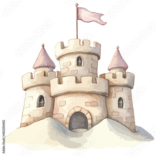 Watercolor Sandcastle with Pink Flag and Turrets on a Dune