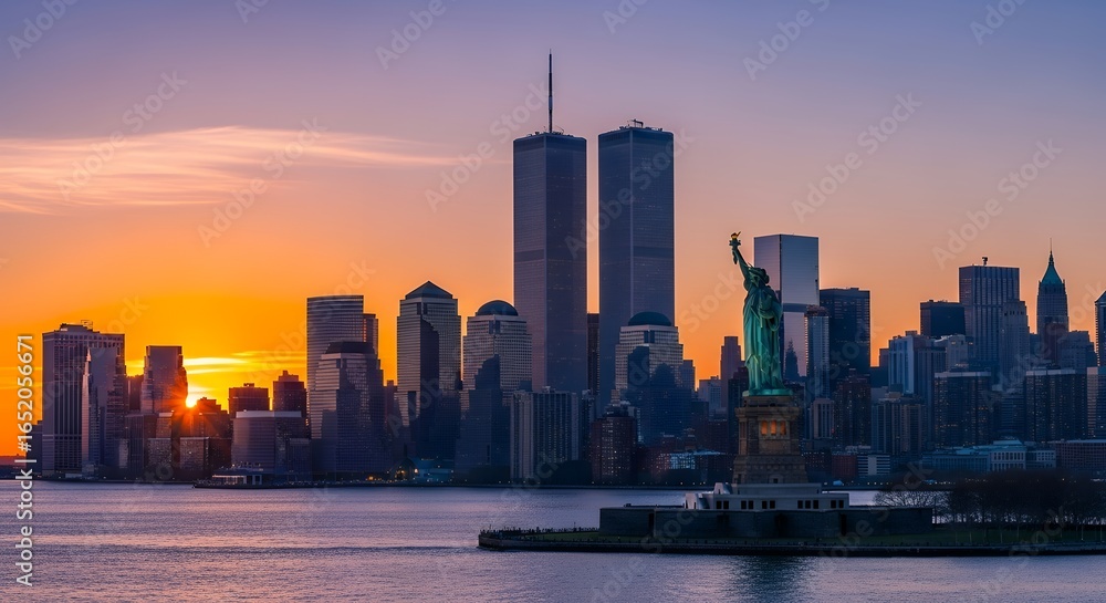 Fototapeta premium Statue of Liberty and Manhattan Skyline with Tall Skyscrapers at Vibrant Sunset