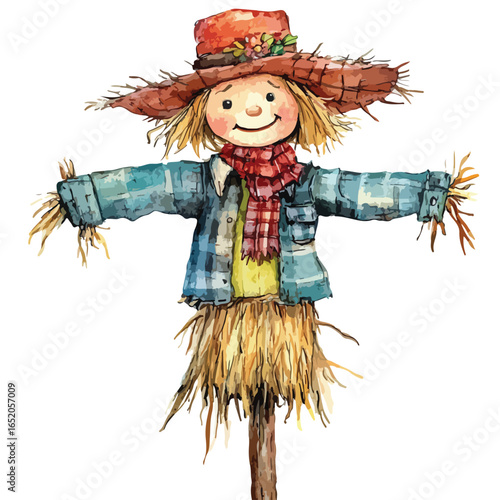 Watercolor Scarecrow with Straw Hat Smiling Face and Plaid Scarf