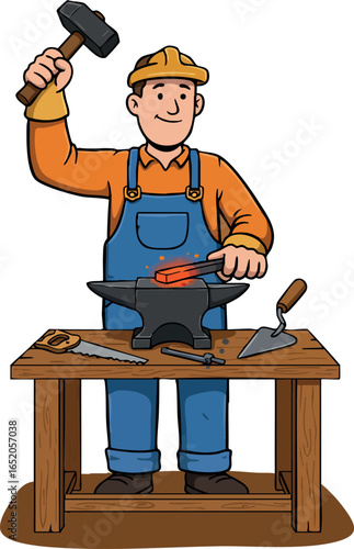Construction worker hammering hot metal on anvil in workshop vector illustration 