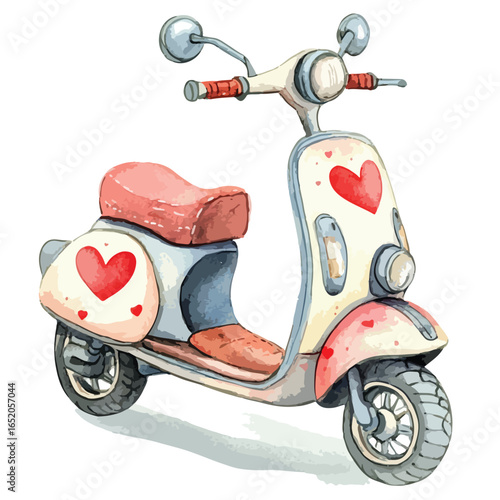 Watercolor scooter with red hearts vintage style light cream and gray Valentines theme