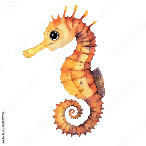 Watercolor Seahorse with Spiked Crown and Coiled Tail in Warm Tones
