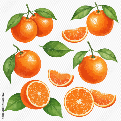 A collection of detailed, vintage-style illustrations of whole oranges, slices, and wedges with fresh green leaves.
