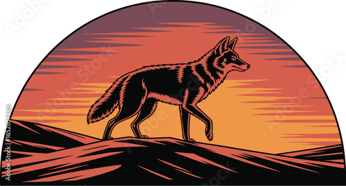 A striking illustration showcases a lone coyote walking along a ridge against a vibrant sunset, perfect for wildlife enthusiasts and graphic design projects with a touch of wilderness.