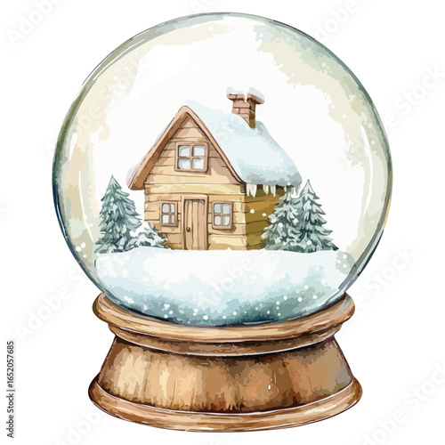 Watercolor Snow Globe with a Cozy Wooden House