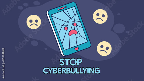 Cracked Smartphone Screen, Sad Emojis, Cyberbullying Awareness Campaign:  Flat Design Illustration, Stop Online Harassment, Digital Wellbeing Concept,  Social Media Negativity.
