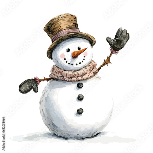 Watercolor Snowman with Brown Top Hat and Waving Mittened Hand Cheerful Winter Scene