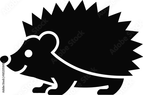 A stylized hedgehog illustration in solid black showcases its distinctive spiky silhouette and charming features, perfect for designs needing a touch of nature or animal themes.