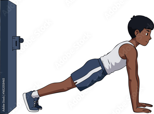 Boy doing wall push-up exercise for fitness and strength training vector illustration 