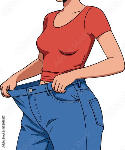 Woman showing loose blue jeans after weight loss illustration with red top vector clothing concept 