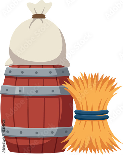 Wooden barrel sack and tied wheat sheaf rural farming agriculture vector illustration 