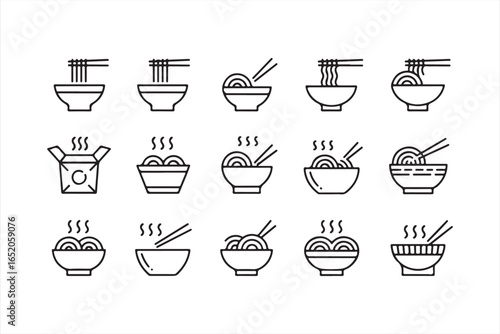 Asian Cuisine Vector Icons Featuring Noodle Bowls and Takeout Food Designs