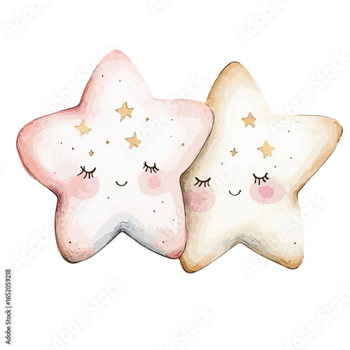 Watercolor Starry Duo Sleeping Stars with Rosy Cheeks and Golden Star Accents