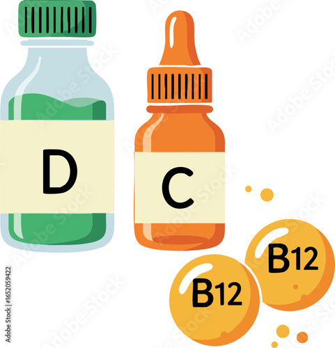 Vitamin D and Vitamin C Supplement Bottles with Vitamin B12 Pills Vector Illustration 