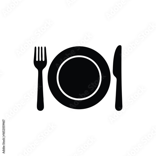 Elegant Dining Set Minimalist Black and White Plate Fork and Knife Illustration Simple Place Setting Design Restaurant Menu Graphic