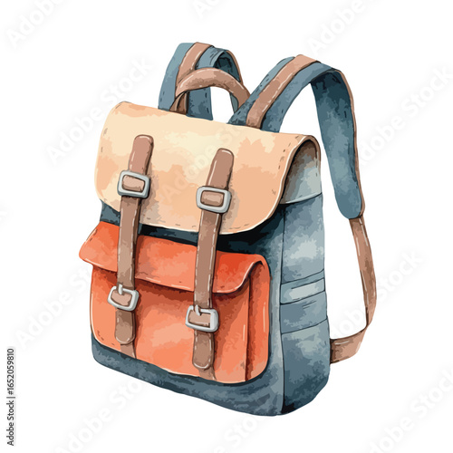 Watercolor Style Backpack with Orange Pocket and Tan Straps Illustration