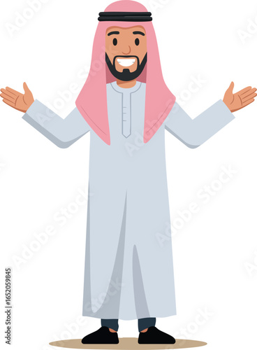 Middle Eastern man wearing traditional attire smiling with open arms vector illustration 