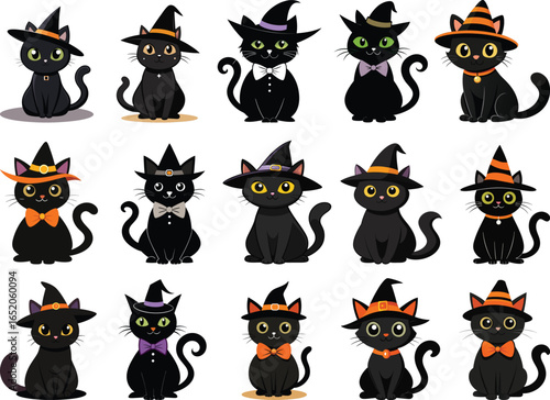 Collection of Whimsical Black Cats Wearing Witch Hats for Halloween Celebrations and Spooky Season Fun