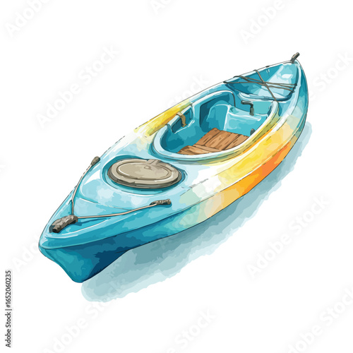 Watercolor Style Blue and Yellow Kayak with Deck Rigging and Hatch